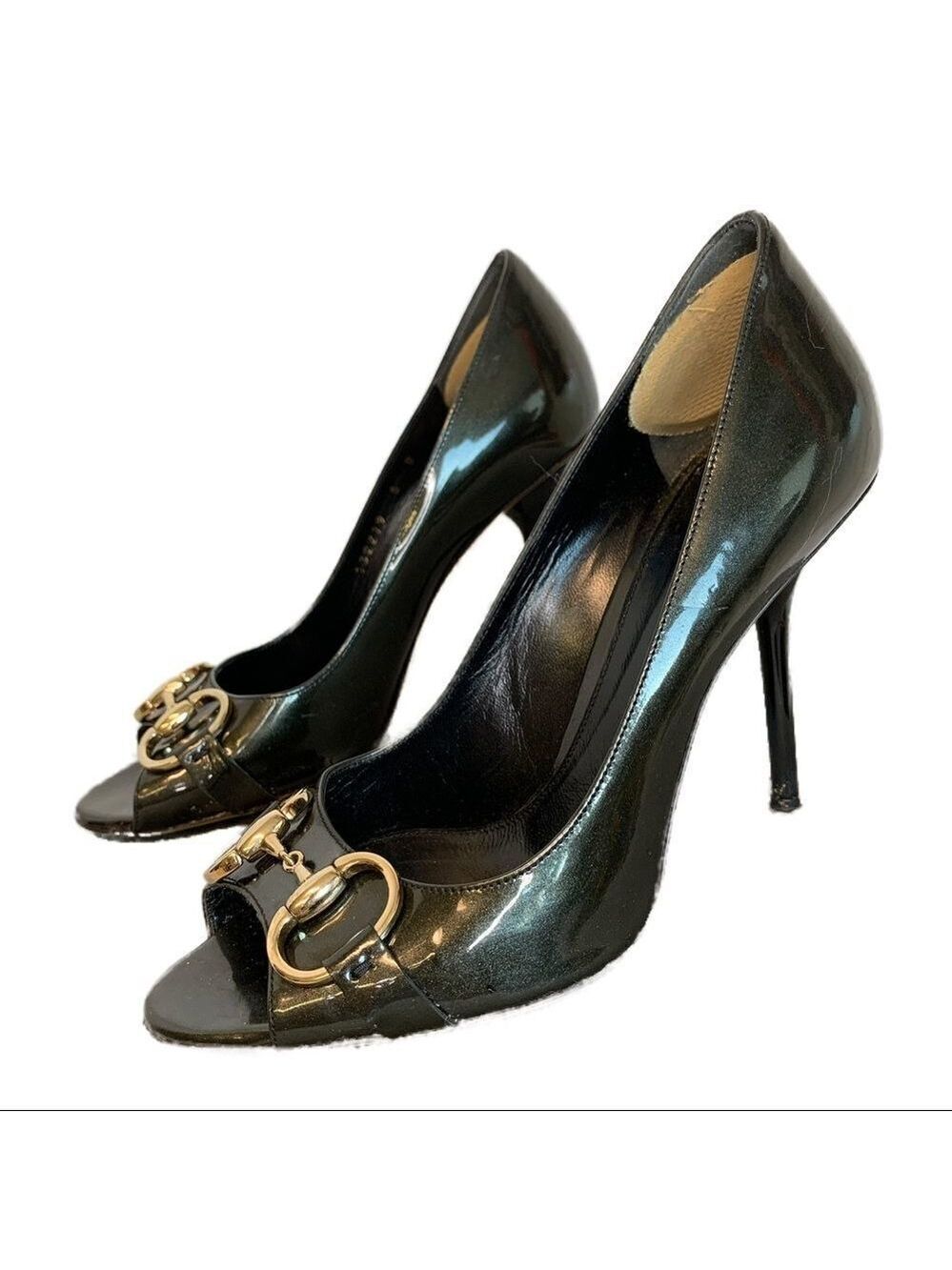 Gucci glitter patent open peep toe horsebit heels Sz 6